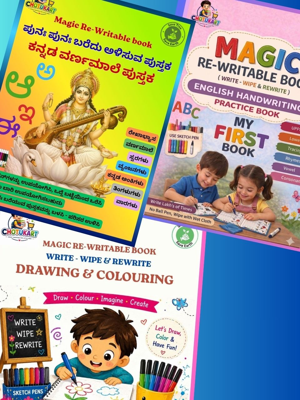Magic Re-Writable Books 3-in-1 Combo: Kannada + English + Drawing