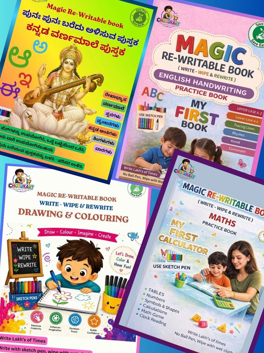 Magic Re-Writable Books 4-in-1 Combo: Kannada + English + Maths + Drawing
