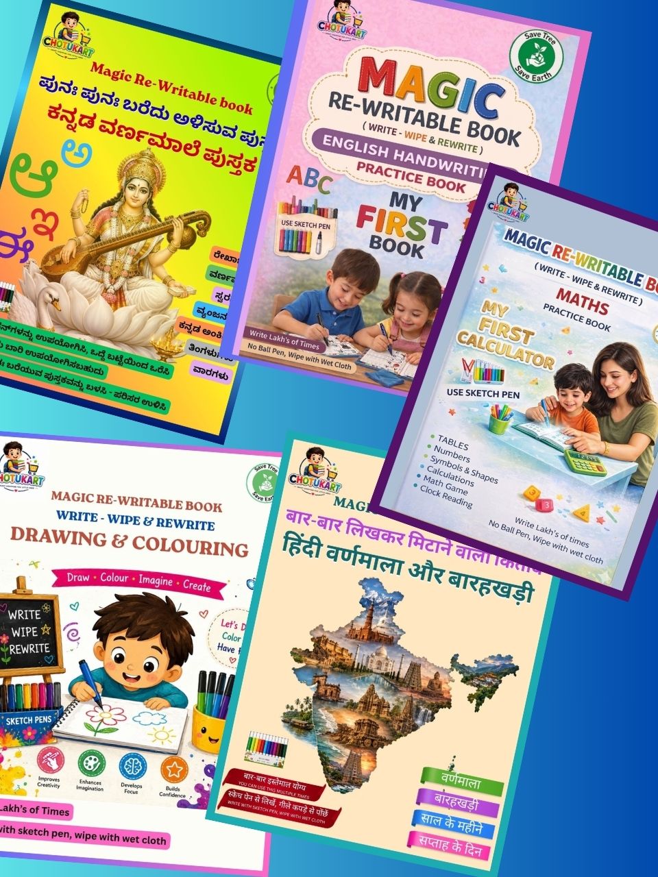 Magic ReWritable Books 5-in-1 Combo: Kannada + English + Maths + Drawing + Hindi